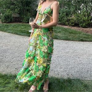Low Back green and yellow floral maxi dress